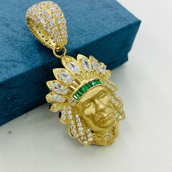 Native American Indian Chief Head Pendant 39x25mm Real 14K Yellow Gold for Mens - Picture 2 of 7